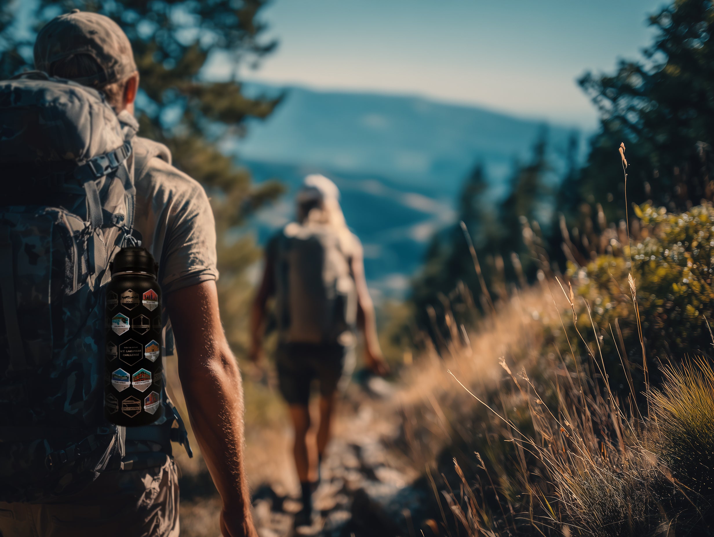 Two hikers with backpacks walking on a trail with mountains in the background