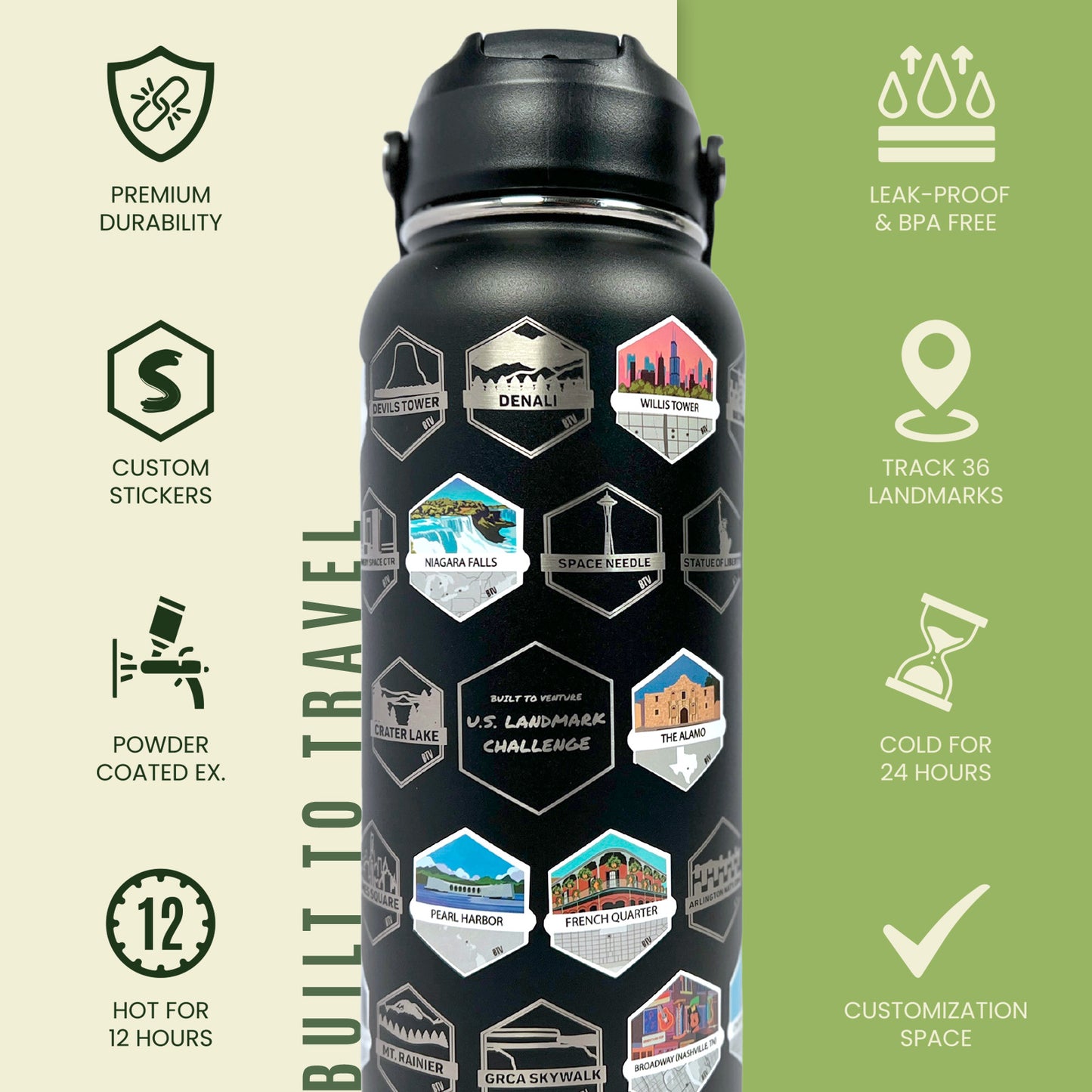 U.S. Landmark Challenge Insulated Stainless Steel Water Bottle - BLACK